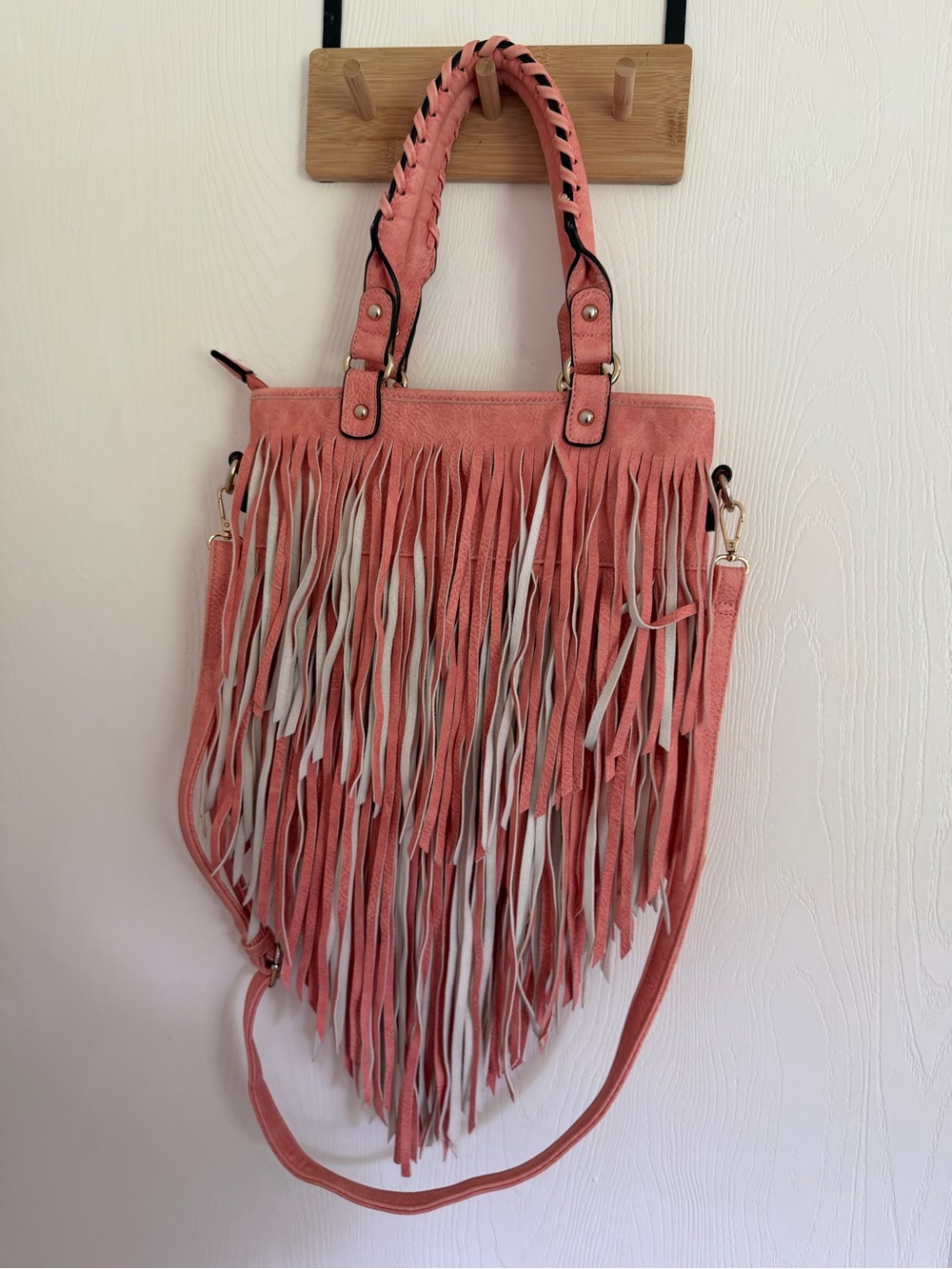 Fringed Coral Shoulder Bag with Braided Handles